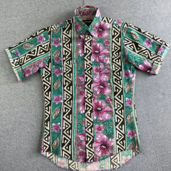 VNTG Wrangler Cowboy‑Cut Floral Aztec Pearl‑Snap Western Shirt Size 15 – Retro - Picture 1 of 11